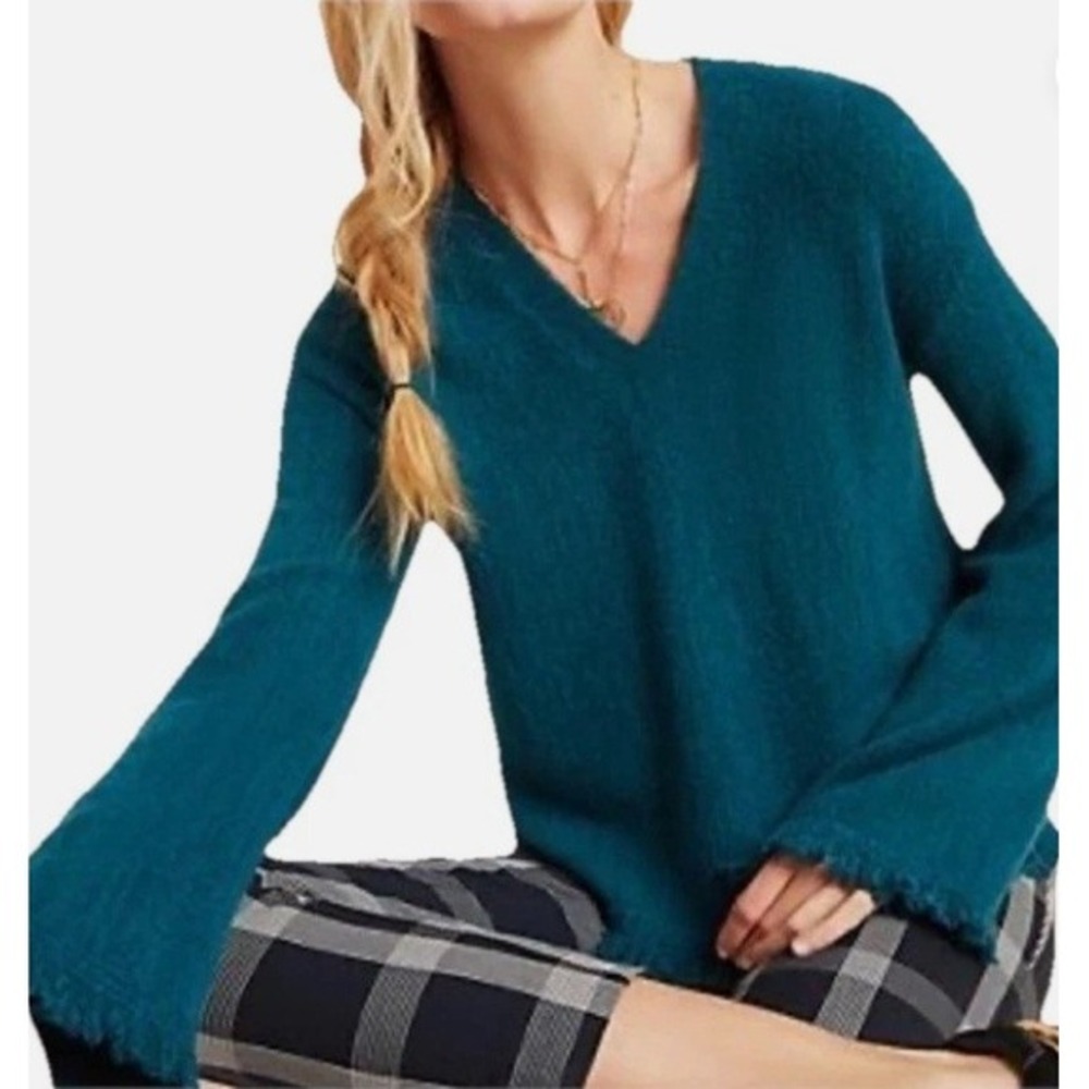 Anthropologie Joy Fringe Sweater Womens XS Dark Teal Green Wool Alpaca Pullover - Picture 1 of 11
